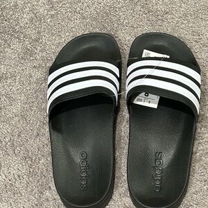 Adidas Black and White Striped Slides